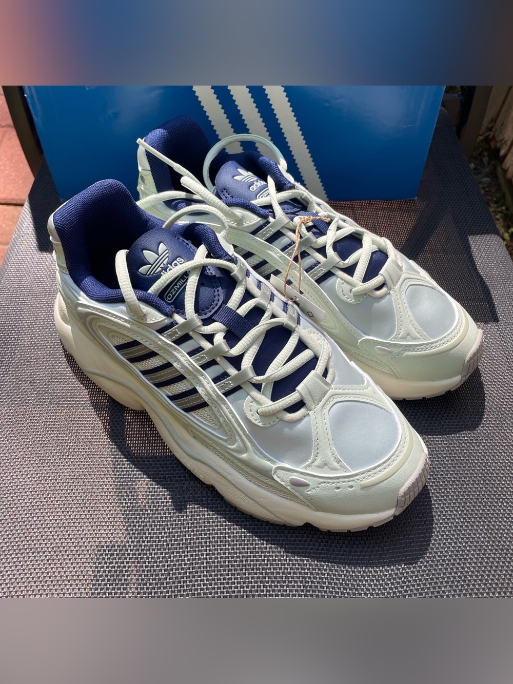 Adidas Ozmillen Women Sneakers in White & Navy Blue (Size 6.5)